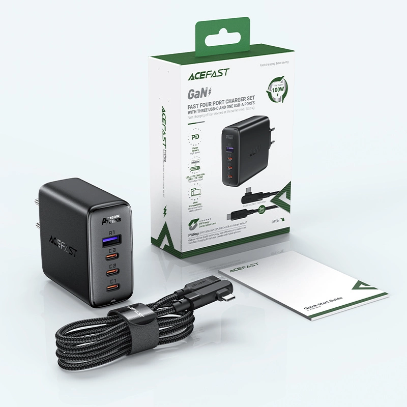 Acefast fast charger GaN 3xUSB-C/1xUSB-A 100W black + angled cable USB-C - USB-C 100W 2m blackeng