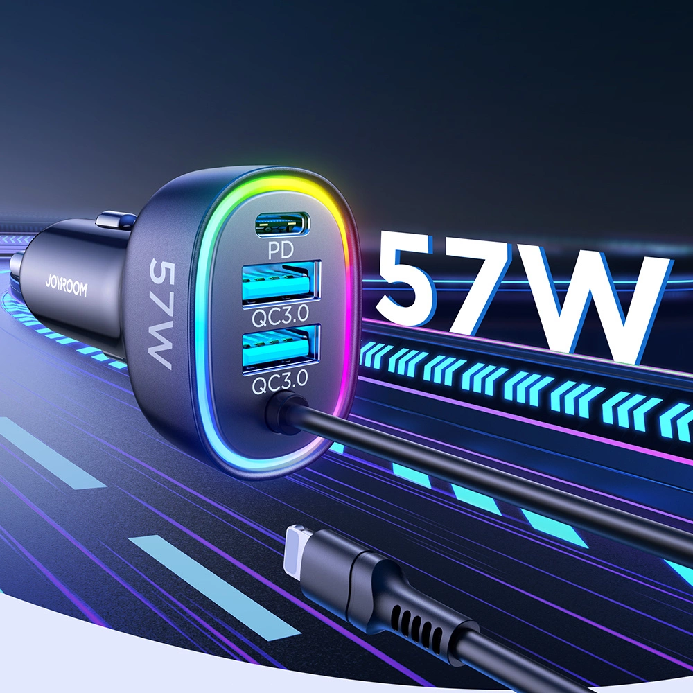 Joyroom fast car charger 4 in 1 PD, QC3.0, AFC, FCP with Lightning cable 1.6m 57W black (JR-CL20)eng