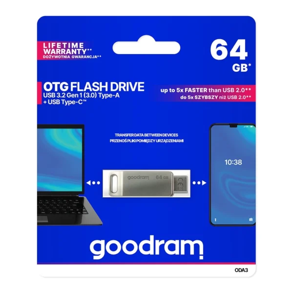 Flash Drive 64GB USB 3.2 Gen 1 USB / USB C OTG ODA3 Goodram - Silvereng
