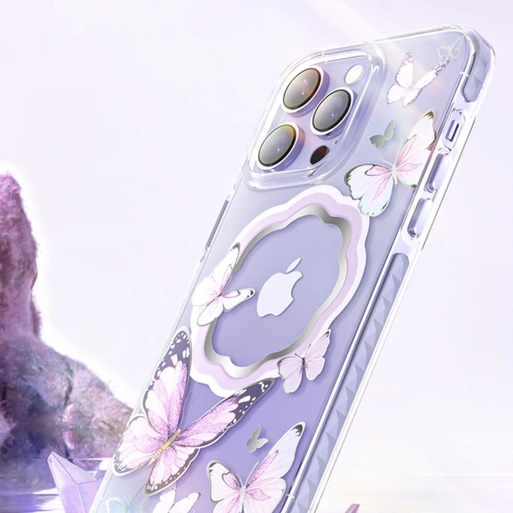 Kingxbar Butterfly Series magnetic case for iPhone 14 Plus MagSafe case with butterflies pinkeng