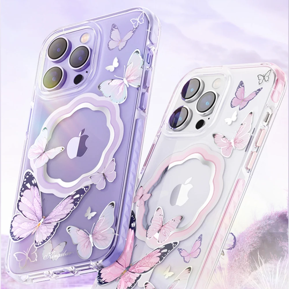 Kingxbar Butterfly Series magnetic case for iPhone 14 Pro Max MagSafe case with butterflies blueeng