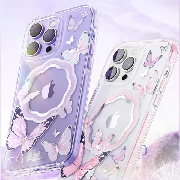 Kingxbar Butterfly Series magnetic case for iPhone 14 Pro Max MagSafe case with butterflies blueeng