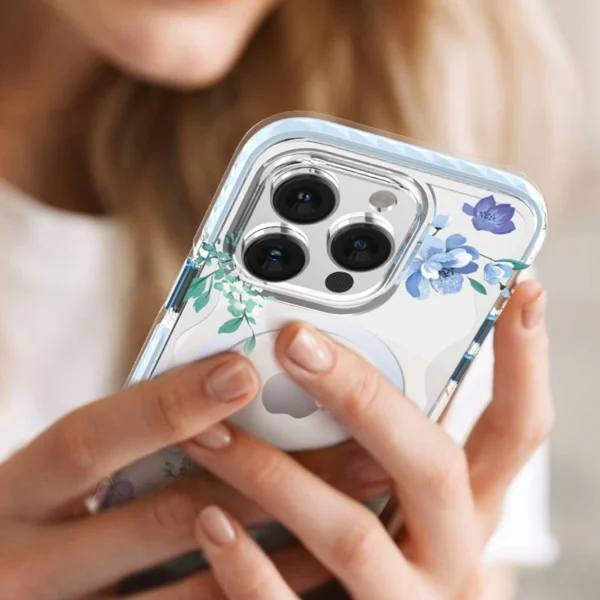 Kingxbar Flora Series magnetic case for iPhone 14 Plus MagSafe decorated with orchid flowers printeng