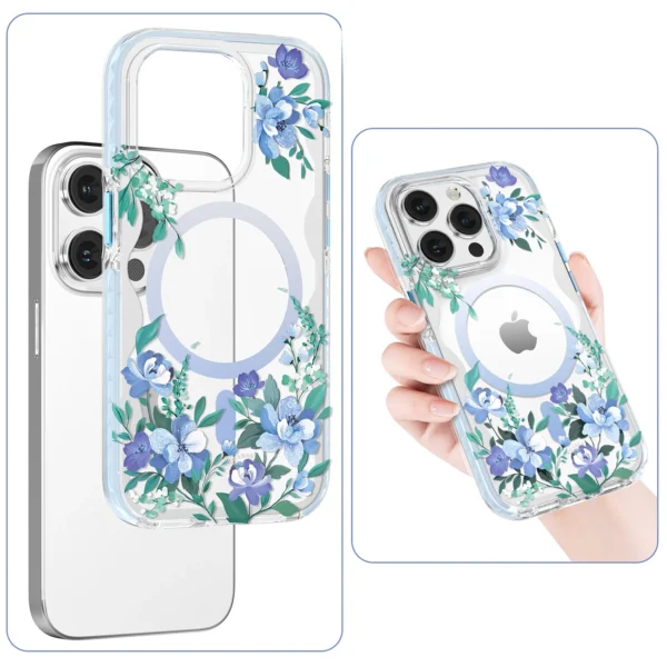 Kingxbar Flora Series magnetic case for iPhone 14 Plus MagSafe decorated with orchid flowers printeng