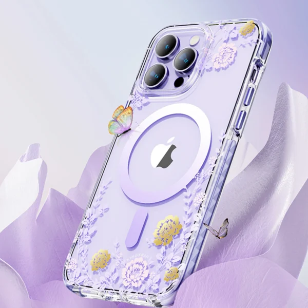 Kingxbar Flora Series magnetic case for iPhone 14 Plus MagSafe decorated with orchid flowers printeng