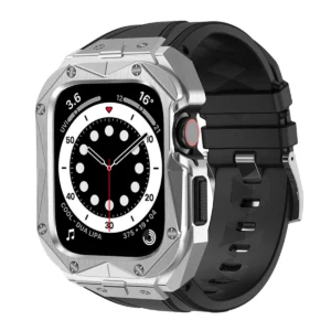 Kingxbar CYF140 2in1 Rugged Case for Apple Watch SE, 6, 5, 4 (44 mm) Stainless Steel with Strap Silvereng