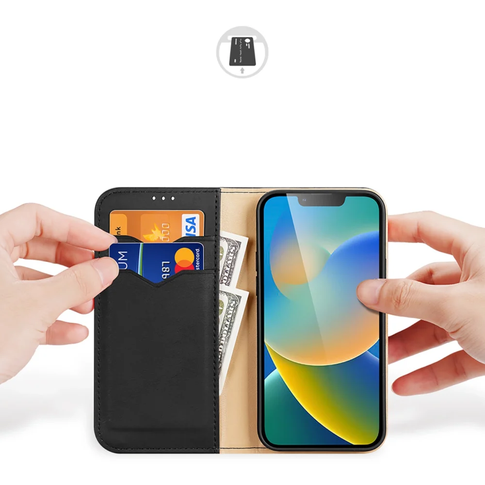 Dux Ducis Hivo Leather Flip Cover Genuine Leather Wallet for Cards and Documents iPhone 14 Plus Blackeng