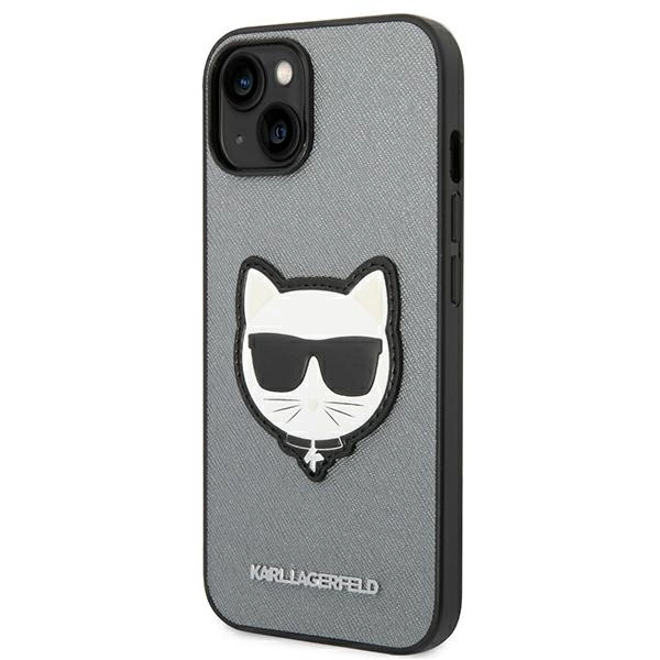 120813_2 Karl Lagerfeld KLHCP14MSAPCHG iPhone 14 Plus 6,7" hardcase srebrny/silver Saffiano Choupette Head Patcheng