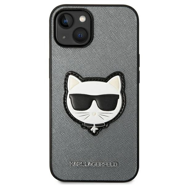 120813_3 Karl Lagerfeld KLHCP14MSAPCHG iPhone 14 Plus 6,7" hardcase srebrny/silver Saffiano Choupette Head Patcheng