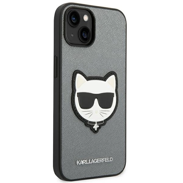 120813_4 Karl Lagerfeld KLHCP14MSAPCHG iPhone 14 Plus 6,7" hardcase srebrny/silver Saffiano Choupette Head Patcheng