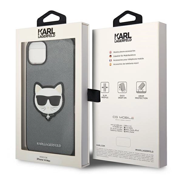 120813_8 Karl Lagerfeld KLHCP14MSAPCHG iPhone 14 Plus 6,7" hardcase srebrny/silver Saffiano Choupette Head Patcheng