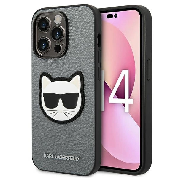 120814_1 Karl Lagerfeld KLHCP14LSAPCHG iPhone 14 Pro 6,1" hardcase srebrny/silver Saffiano Choupette Head Patcheng