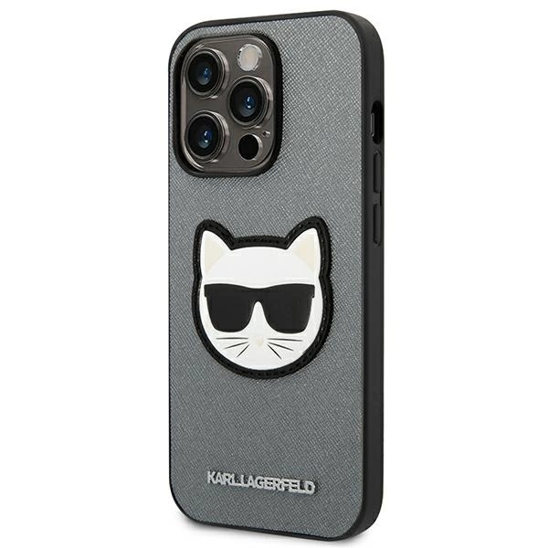 120814_2 Karl Lagerfeld KLHCP14LSAPCHG iPhone 14 Pro 6,1" hardcase srebrny/silver Saffiano Choupette Head Patcheng