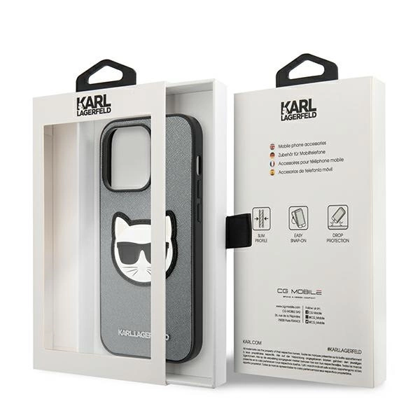 120814_8 Karl Lagerfeld KLHCP14LSAPCHG iPhone 14 Pro 6,1" hardcase srebrny/silver Saffiano Choupette Head Patcheng