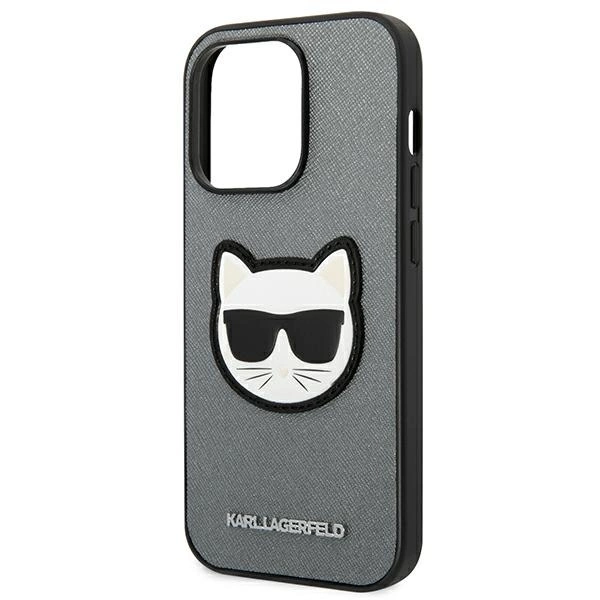 120815_6 Karl Lagerfeld KLHCP14XSAPCHG iPhone 14 Pro Max 6,7" hardcase srebrny/silver Saffiano Choupette Head Patcheng