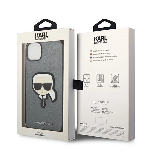 120824_8 Karl Lagerfeld KLHCP14MSAPKHG iPhone 14 Plus 6,7" srebrny/silver hardcase Saffiano Karl`s Head Patcheng