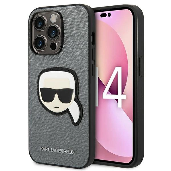 120825_1 Karl Lagerfeld KLHCP14LSAPKHG iPhone 14 Pro 6,1" srebrny/silver hardcase Saffiano Karl`s Head Patcheng