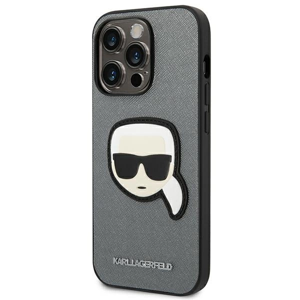 120825_2 Karl Lagerfeld KLHCP14LSAPKHG iPhone 14 Pro 6,1" srebrny/silver hardcase Saffiano Karl`s Head Patcheng