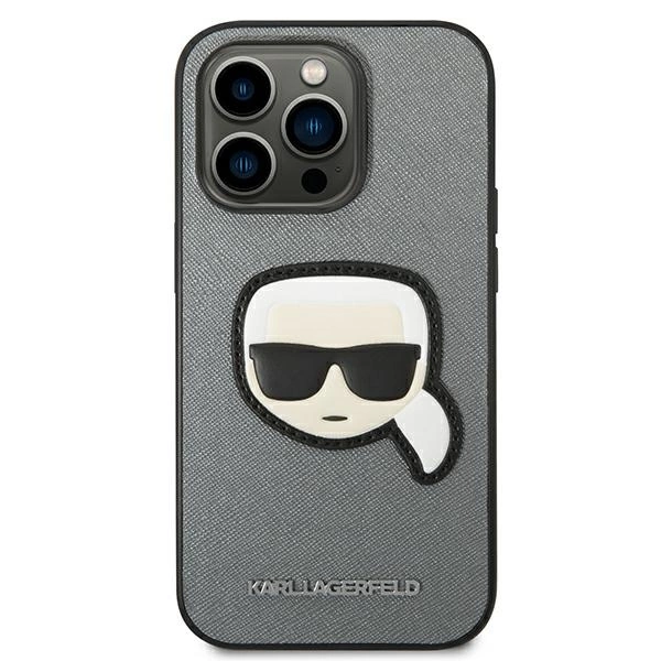 120825_3 Karl Lagerfeld KLHCP14LSAPKHG iPhone 14 Pro 6,1" srebrny/silver hardcase Saffiano Karl`s Head Patcheng