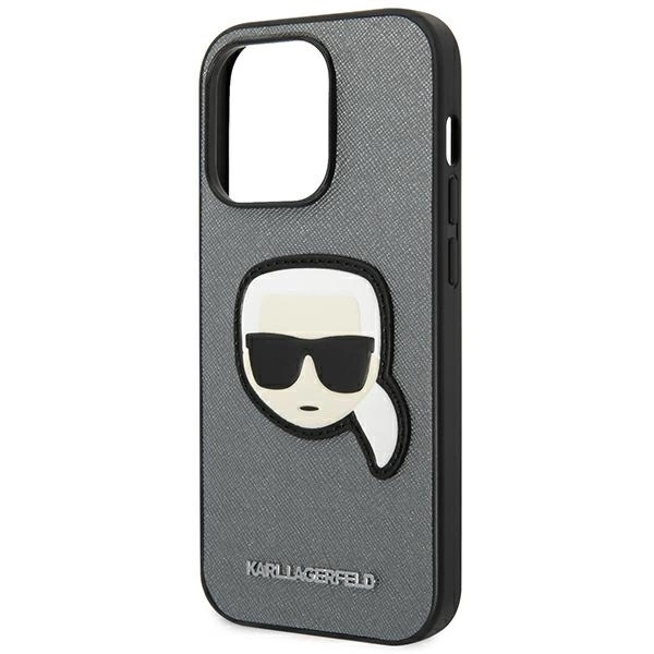 120825_6 Karl Lagerfeld KLHCP14LSAPKHG iPhone 14 Pro 6,1" srebrny/silver hardcase Saffiano Karl`s Head Patcheng