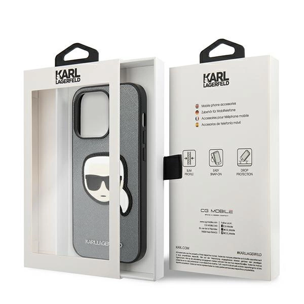 120825_8 Karl Lagerfeld KLHCP14LSAPKHG iPhone 14 Pro 6,1" srebrny/silver hardcase Saffiano Karl`s Head Patcheng