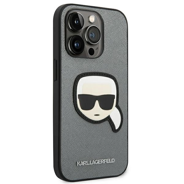120826_4 Karl Lagerfeld KLHCP14XSAPKHG iPhone 14 Pro Max 6,7" srebrny/silver hardcase Saffiano Karl`s Head Patcheng
