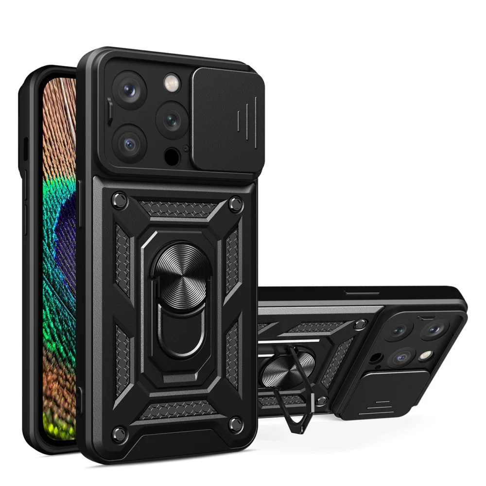 Hybrid Armor Camshield case for iPhone 14 Pro Max armored case with camera cover blackeng