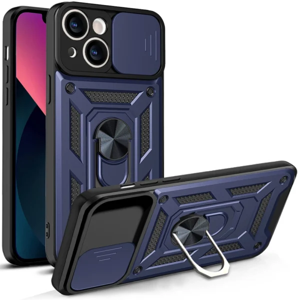 Hybrid Armor Camshield case for iPhone 13 armored case with camera cover blueeng