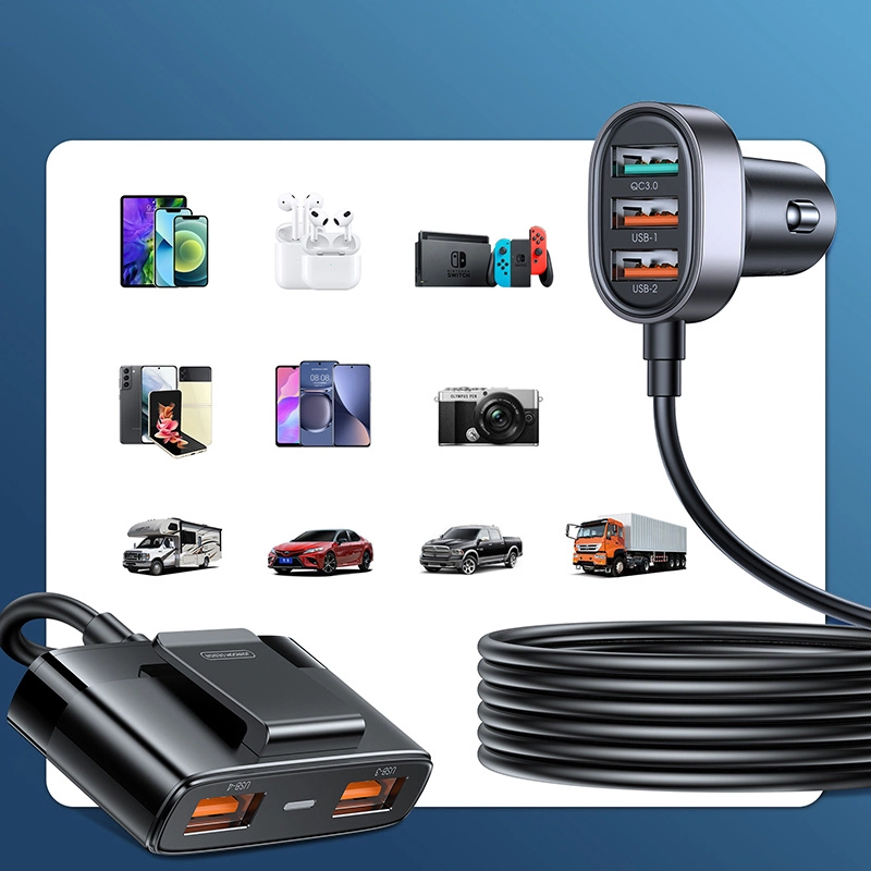 Joyroom fast car charger with extension cable 45W 5xUSB-A black (JR-CL03 Pro)eng