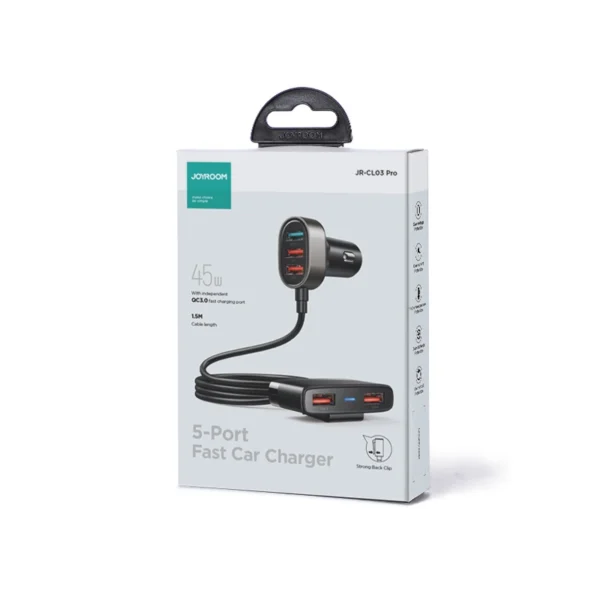 Joyroom fast car charger with extension cable 45W 5xUSB-A black (JR-CL03 Pro)eng