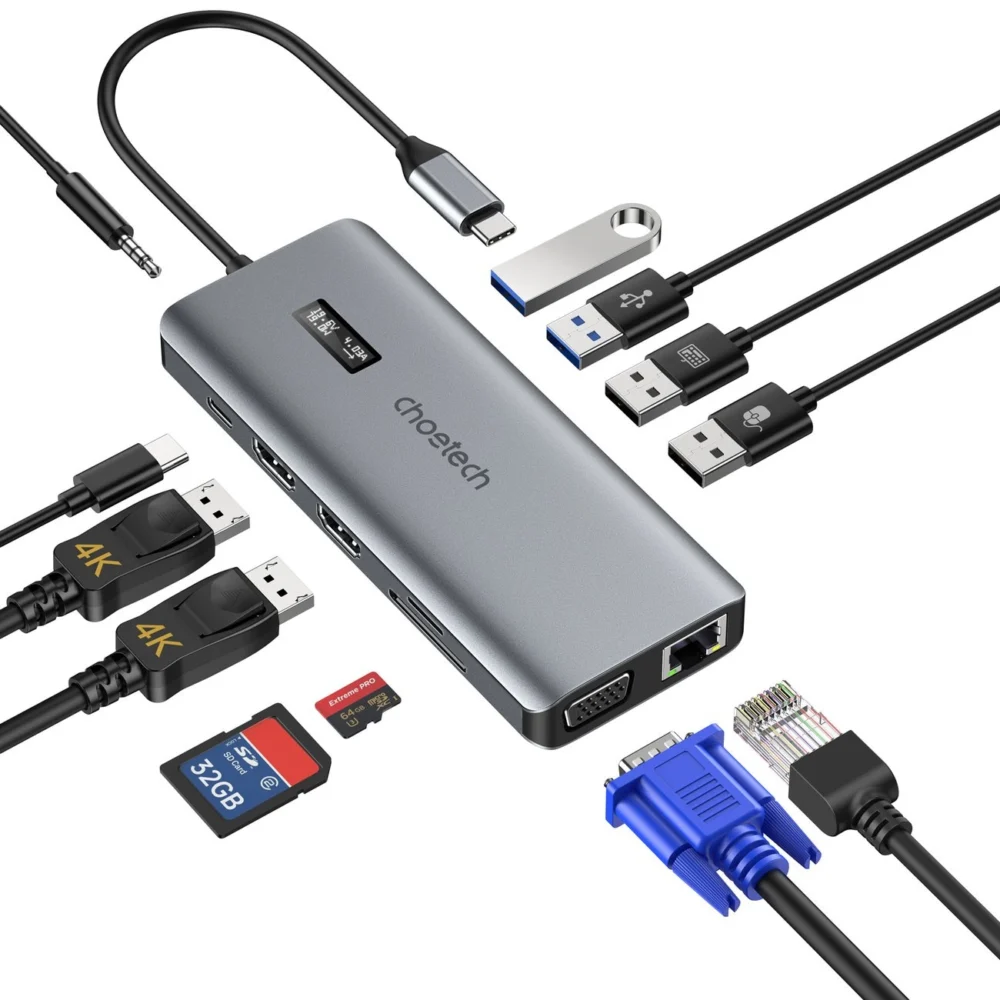 Choetech multifunctional HUB with display 12in1 USB-C to USB-C / USB-A / HDMI / VGA / AUX / SD / TF gray (HUB-M26)eng