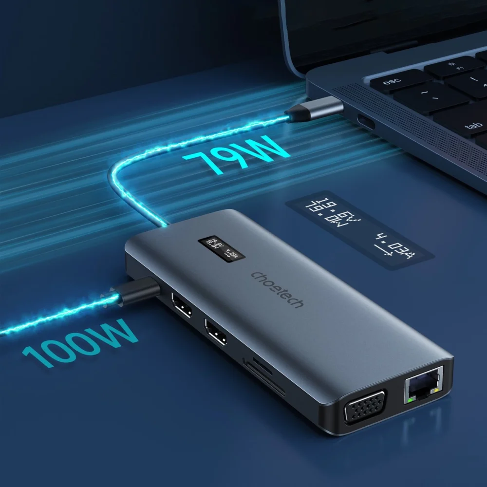 Choetech multifunctional HUB with display 12in1 USB-C to USB-C / USB-A / HDMI / VGA / AUX / SD / TF gray (HUB-M26)eng