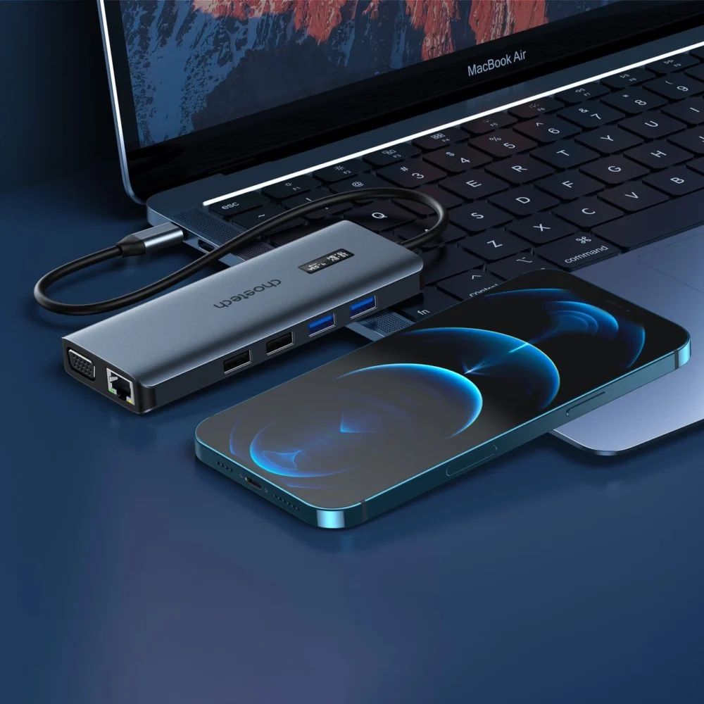 Choetech multifunctional HUB with display 12in1 USB-C to USB-C / USB-A / HDMI / VGA / AUX / SD / TF gray (HUB-M26)eng