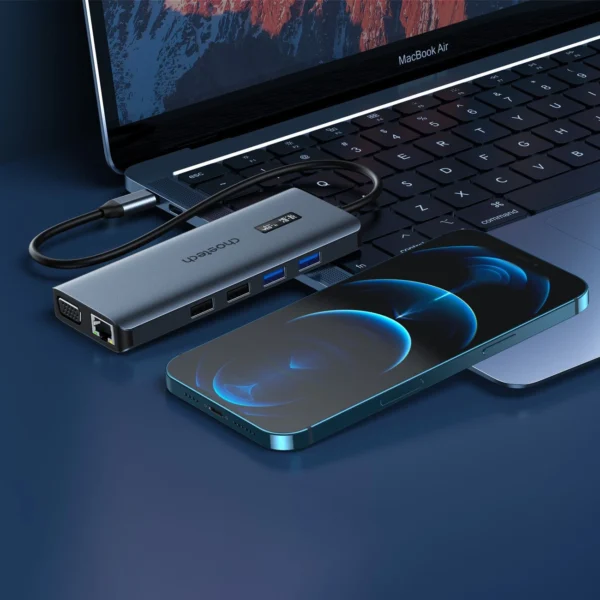 Choetech multifunctional HUB with display 12in1 USB-C to USB-C / USB-A / HDMI / VGA / AUX / SD / TF gray (HUB-M26)eng