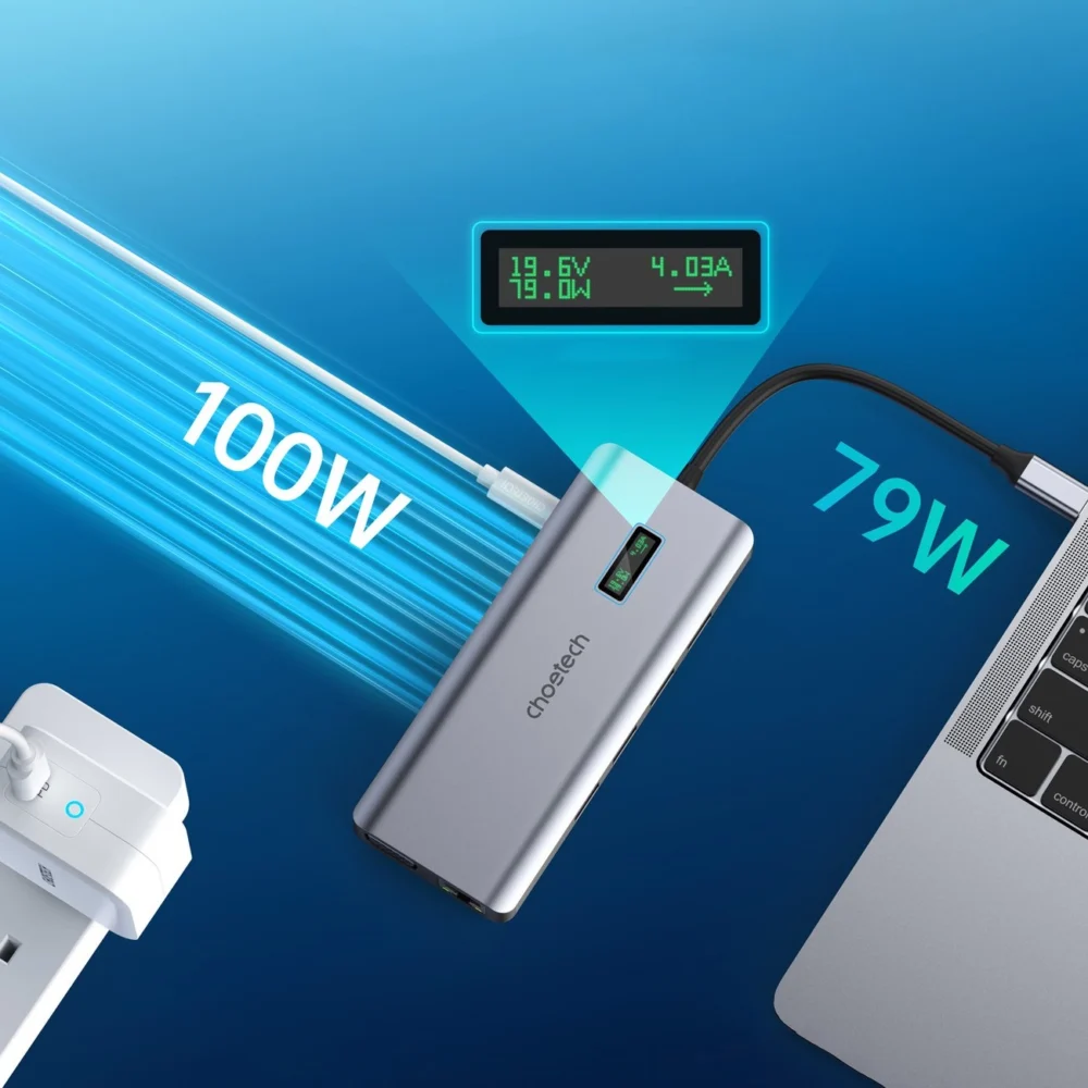 Choetech multifunctional HUB with display 12in1 USB-C to USB-C / USB-A / HDMI / VGA / AUX / SD / TF gray (HUB-M26)eng