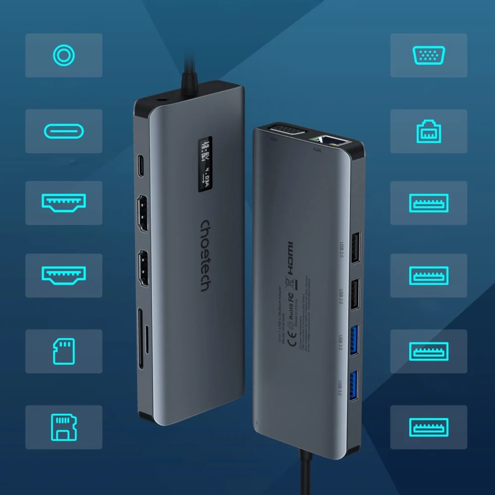 Choetech multifunctional HUB with display 12in1 USB-C to USB-C / USB-A / HDMI / VGA / AUX / SD / TF gray (HUB-M26)eng