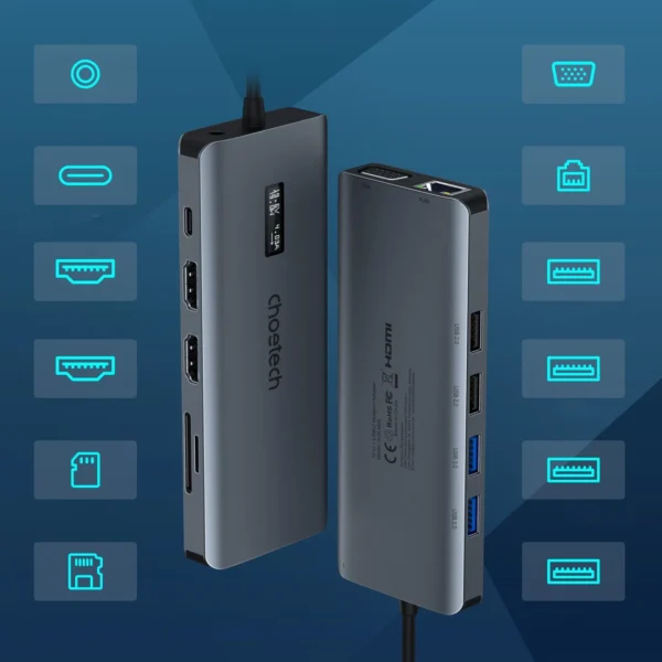 Choetech multifunctional HUB with display 12in1 USB-C to USB-C / USB-A / HDMI / VGA / AUX / SD / TF gray (HUB-M26)eng
