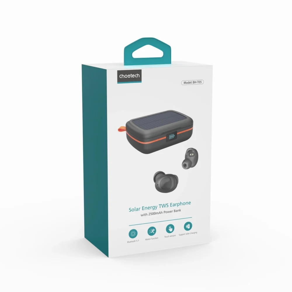 Choetech TWS wireless headphones waterproof with solar panel and built-in 2500mAh powerbank black (BH-T05)eng
