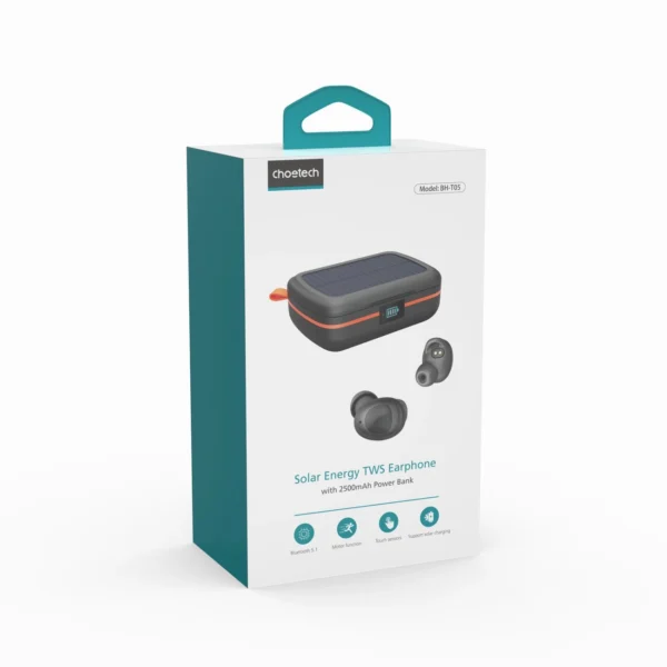 Choetech TWS wireless headphones waterproof with solar panel and built-in 2500mAh powerbank black (BH-T05)eng
