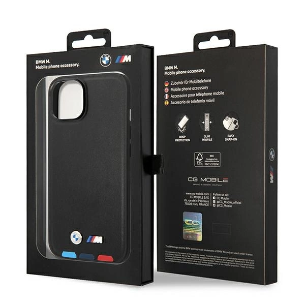 Case BMW BMHMP14S22PTDK iPhone 14 6.1 "black / black Leather Stamp Tricolor Magsafeeng
