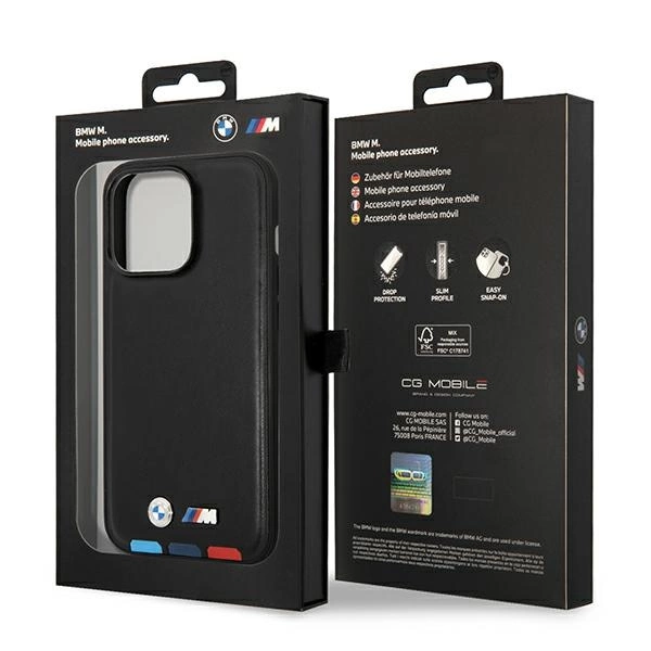 Case BMW BMHMP14X22PTDK iPhone 14 Pro Max 6.7 "black / black Leather Stamp Tricolor Magsafeeng