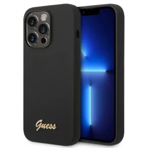 Guess Silicone Vintage Gold Logo iPhone 14 Pro Case - Blackeng