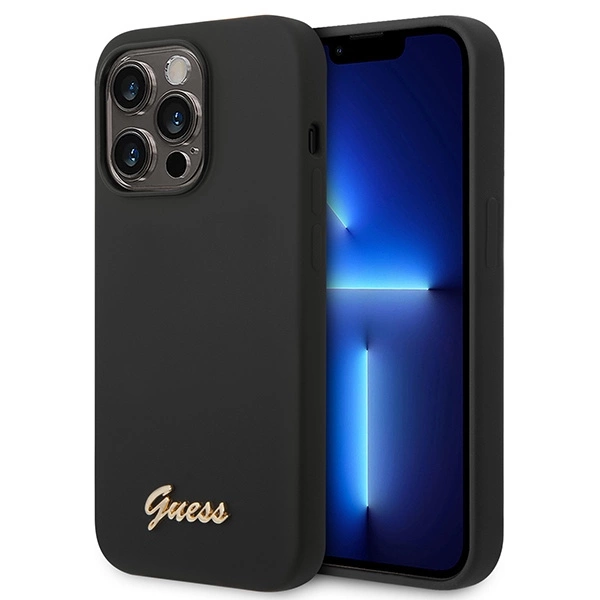 Guess Silicone Vintage Gold Logo iPhone 14 Pro Case - Blackeng