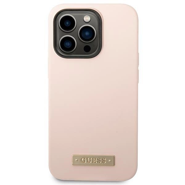 Guess GUHMP14XSBPLP iPhone 14 Pro Max 6.7" pink/pink hard case Silicone Logo Plate MagSafeeng