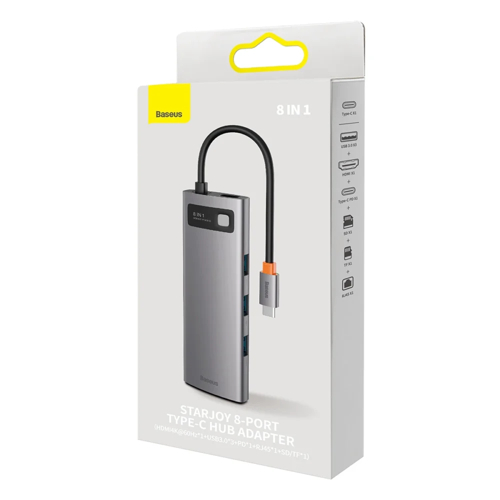 Baseus StarJoy HUB 8-Port USB-C - 3x USB-A / 1x HDMI / 1x RJ45 / 1x SD/TF / 1x USB-C PD grayeng