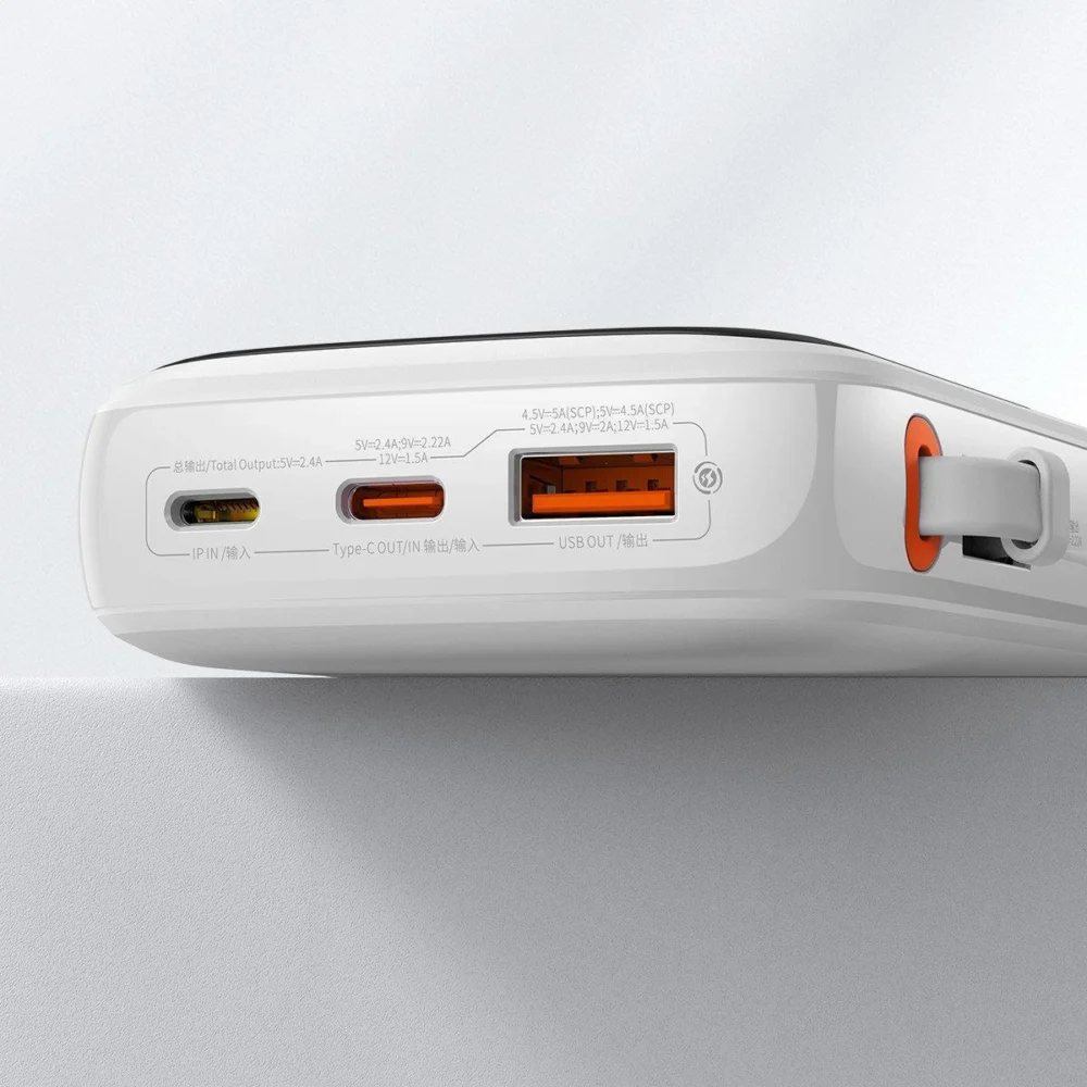 Baseus Qpow Digital Display Power Bank with Fast Charging 10000mAh 20W QC/PD/SCP/FCP with Built-in Lightning Cable Whiteeng