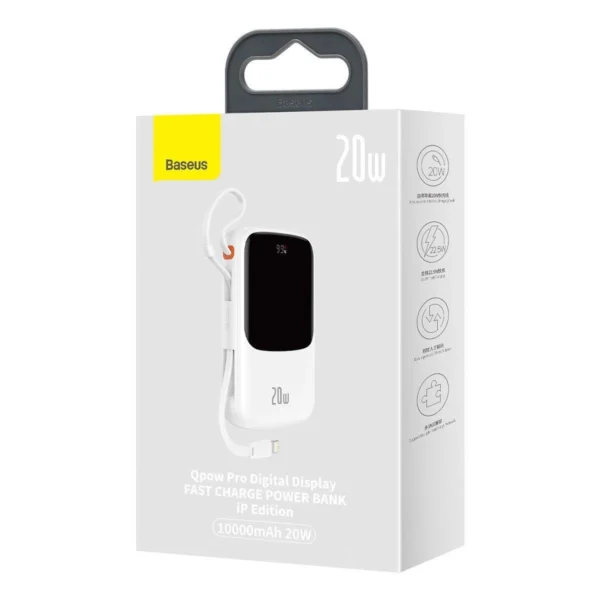 Baseus Qpow Digital Display Power Bank with Fast Charging 10000mAh 20W QC/PD/SCP/FCP with Built-in Lightning Cable Whiteeng