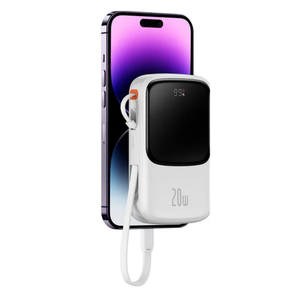 Baseus Qpow Digital Display Power Bank with Fast Charging 10000mAh 20W QC/PD/SCP/FCP with Built-in Lightning Cable Whiteeng