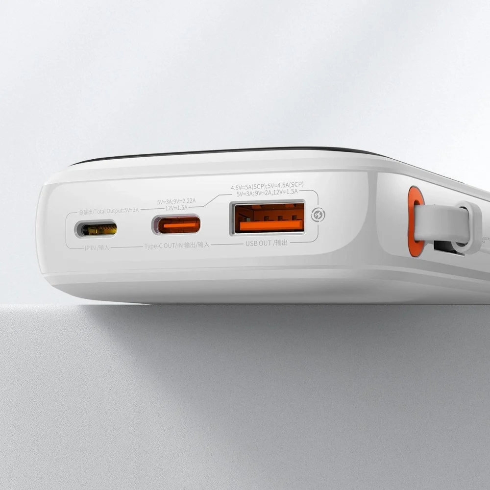 Baseus Qpow Digital Display powerbank with fast charging 10000mAh 22.5W QC/PD/SCP/FCP with built-in USB-C cable whiteeng