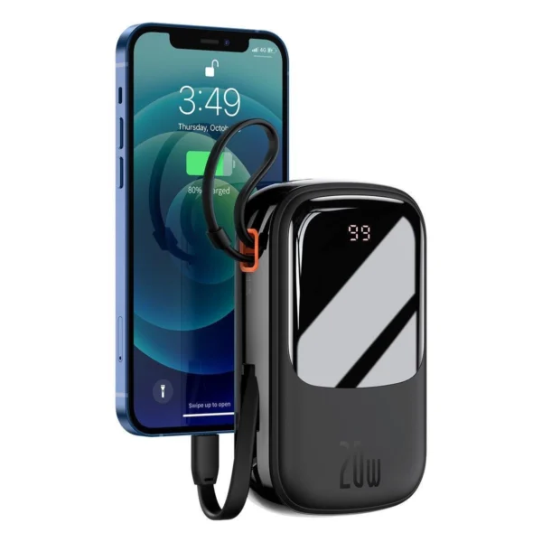 Baseus Qpow Digital Display power bank with fast charging 20000mAh 20W QC/PD/SCP/FCP with built-in Lightning cable blackeng